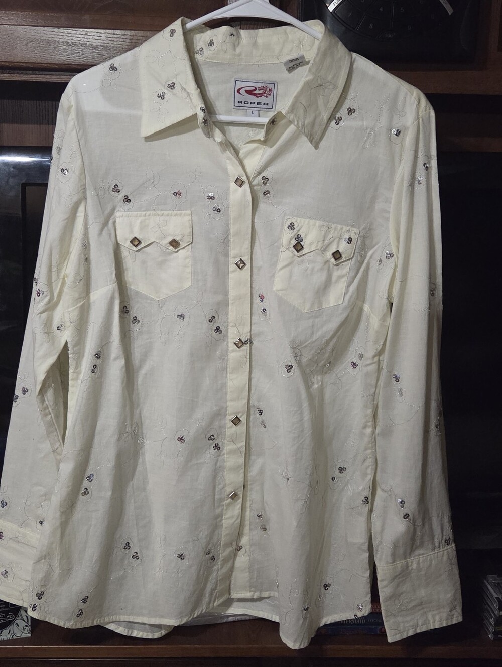 Roper Cream Western Embroidered Sequin Snap-Front Shirt
